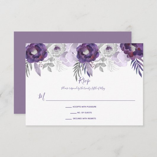 Paarse en Zilveren Waterverf Bloemen RSVP (Voorkant / Achterkant)