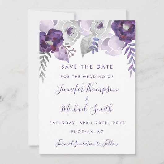 Paarse en Zilveren Waterverf Bloemen Save the Date (Voorkant)