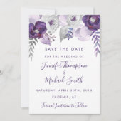 Paarse en Zilveren Waterverf Bloemen Save the Date (Voorkant)