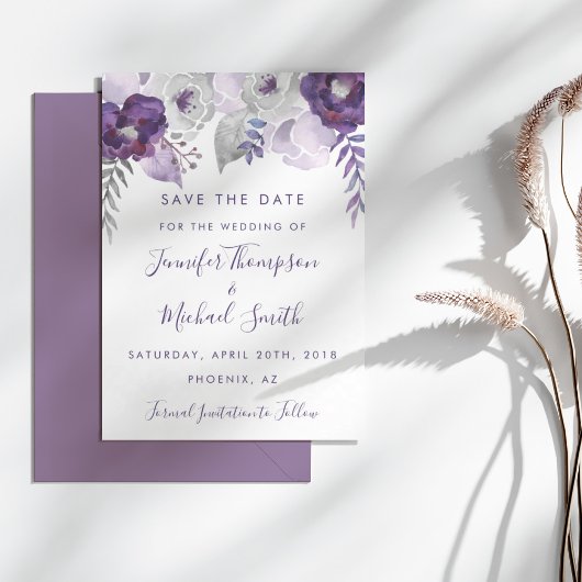 Paarse en Zilveren Waterverf Bloemen Save the Date