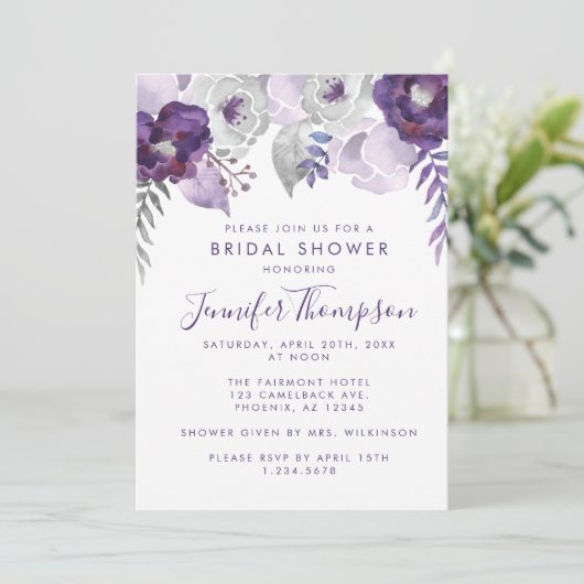 Paarse en Zilveren Waterverf Bloemen Vrijgezellenf Kaart (Staand voorkant)