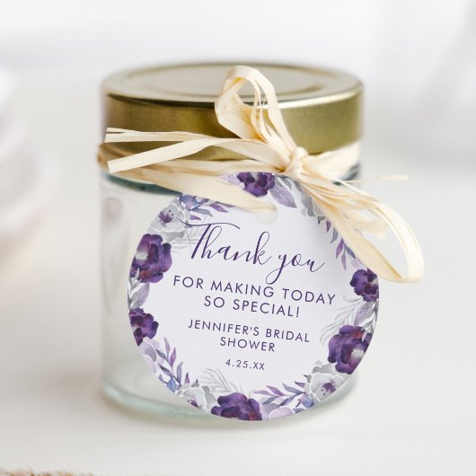 Paarse en zilveren waterverf bloemige bruidsdouche bedankjes labels