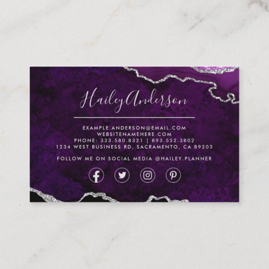 Paarse en Zilveren Waterverf Glitter Gilded Agate Visitekaartje (Achterkant)