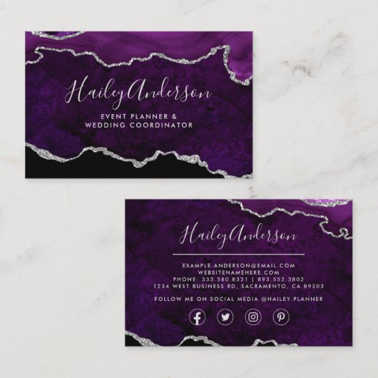 Paarse en Zilveren Waterverf Glitter Gilded Agate Visitekaartje (Voorkant / Achterkant)