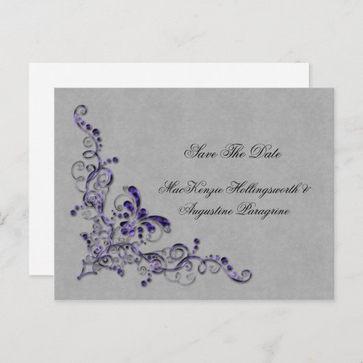 Paarse en zilveren wervelingen redden de datum aankondigingskaart (Voorkant / Achterkant)