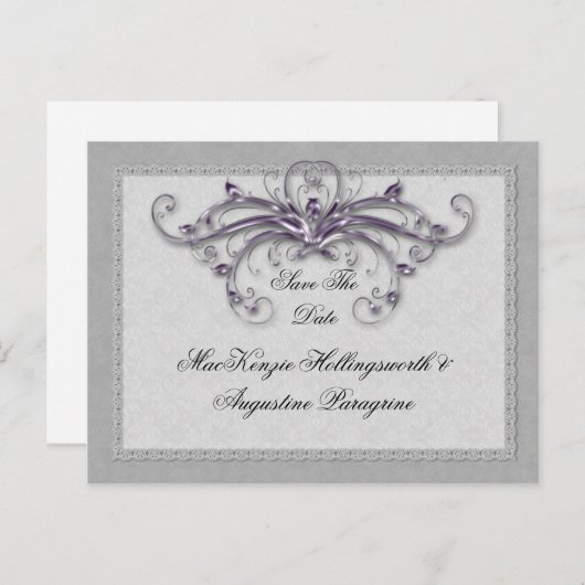 Paarse en zilveren wervelingen redden de datum aankondigingskaart (Voorkant / Achterkant)