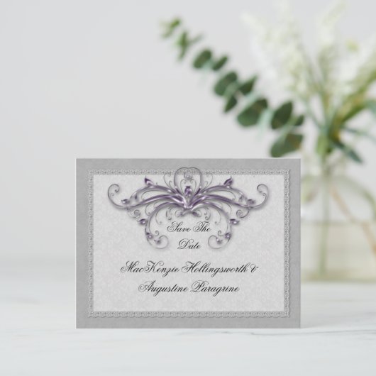 Paarse en zilveren wervelingen redden de datum aankondigingskaart (Staand voorkant)