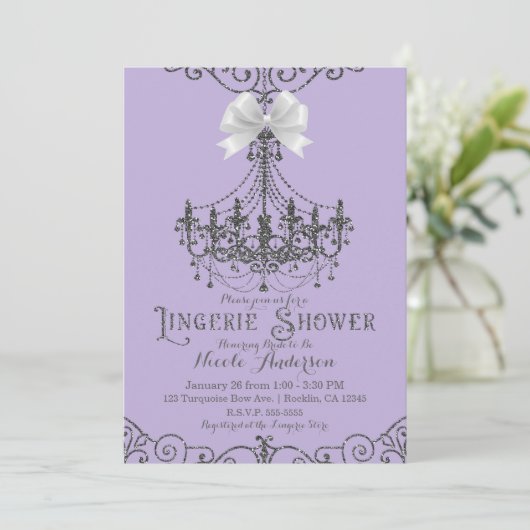 Paarse en zilveren witte strik lingeriedouche kaart (Staand voorkant)