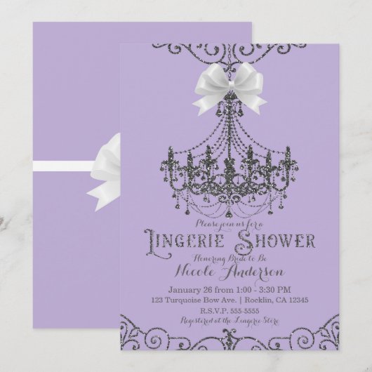 Paarse en zilveren witte strik lingeriedouche kaart (Voorkant / Achterkant)