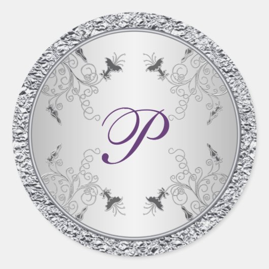 Paarse en zilverfolie Floral Monogram Sticker (Voorkant)