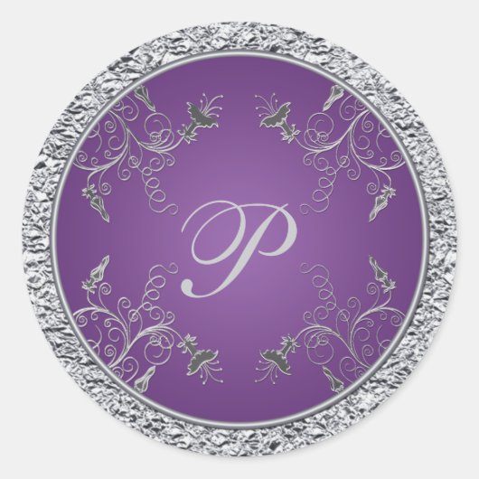 Paarse en zilverfolie Floral Monogram Sticker (Voorkant)
