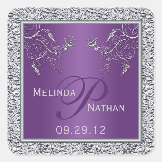 Paarse en zilverfolie Floral Monogrammed Sticker (Voorkant)