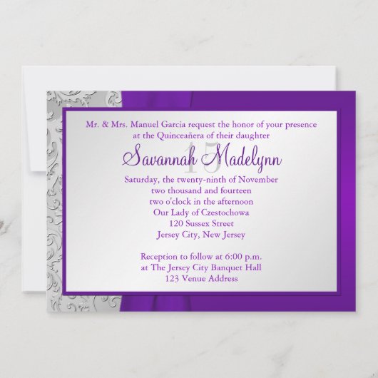 Paarse en Zilverfoto-Quinceanera-uitnodiging Kaart (Achterkant)