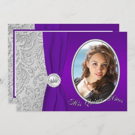 Paarse en Zilverfoto-Quinceanera-uitnodiging Kaart (Voorkant / Achterkant)