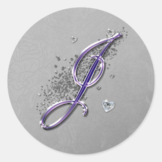 Paarse en zilverglitter Fancy Manuscript Monogram Ronde Sticker (Voorkant)