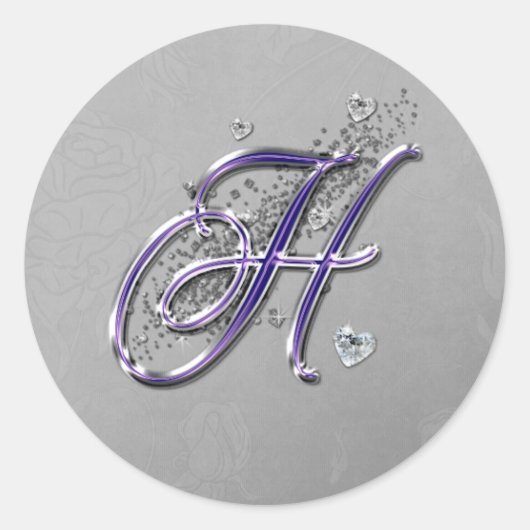Paarse en zilverglitter Fancy Script-monogram H Ronde Sticker (Voorkant)