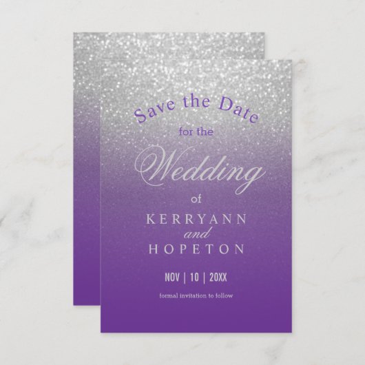 Paarse en zilverglitter - sla de datum op save the date (Voorkant / Achterkant)