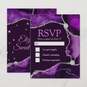 Paarse en zilverglitterAgate Sweet 16 RSVP Kaartje (Voorkant / Achterkant)