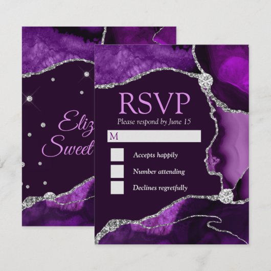 Paarse en zilverglitterAgate Sweet 16 RSVP Kaartje (Voorkant / Achterkant)