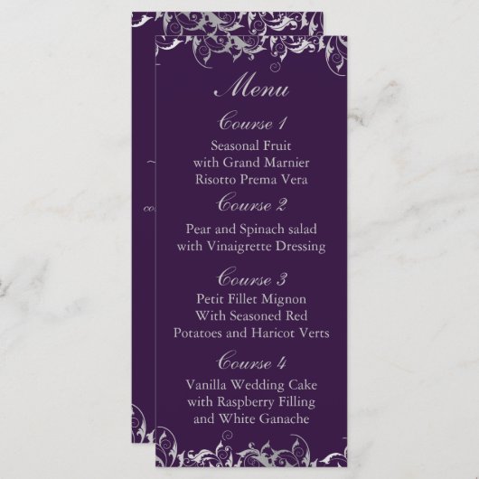 paarse en zilvergrijze trouwkaarten menu (Voorkant / Achterkant)