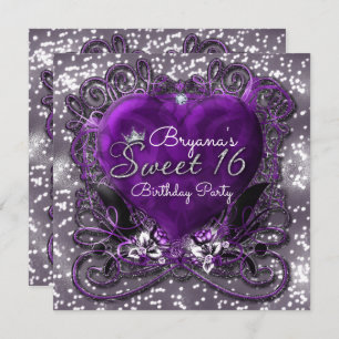 Paarse en Zilverharding Sparkle Sweet 16 Uitnodigi Kaart