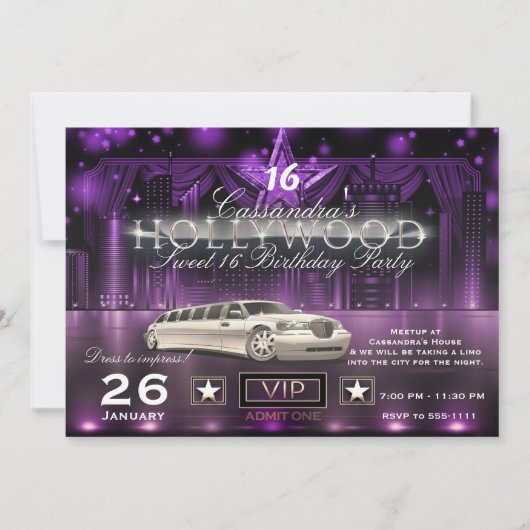 Paarse en Zilverige City Licht Limo Hollywood Part Kaart (Voorkant)