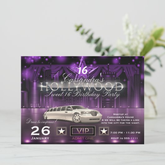 Paarse en Zilverige City Licht Limo Hollywood Part Kaart (Staand voorkant)