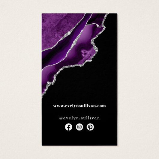 Paarse en zilverkleurige bijsluiter visitekaartje (Achterkant)