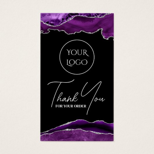 Paarse en zilverkleurige bijsluiter visitekaartje (Voorkant)