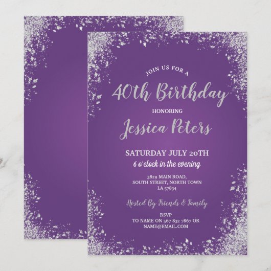 Paarse en Zilverpartij Elegant Birthday Sparkle Kaart (Voorkant / Achterkant)