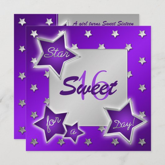 Paarse en zilversterren Sweet 16 Uitnodiging (Voorkant / Achterkant)