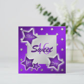 Paarse en zilversterren Sweet 16 Uitnodiging (Staand voorkant)