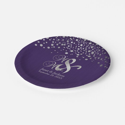 Paarse en zilverStippen Papieren Bordje (Gekanteld)