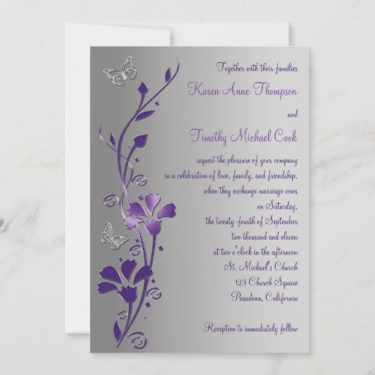 Paarse en zilvervlies met Butterflies nodigen Kaart (Achterkant)