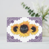Paarse en zonnebloem bruiloft RSVP kaartje (Staand voorkant)