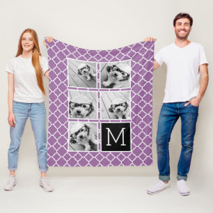 Paarse en zwart Instagram 5 Photo Collage Monogram Fleece Deken