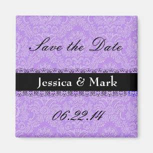 Paarse en zwarte besparingsdatum Damask Wedding Ma Magneet