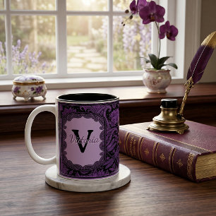 Paarse en zwarte bloem paisley gepersonaliseerd tweekleurige koffiemok