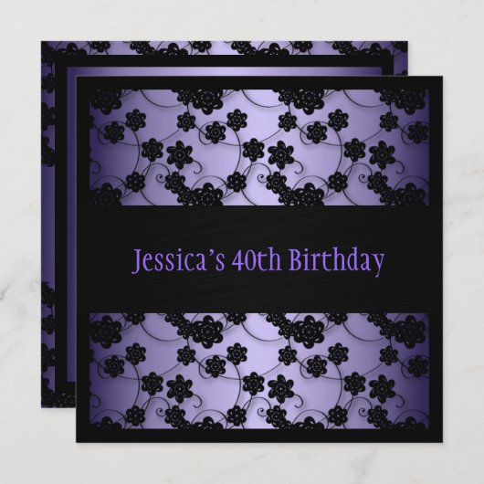 Paarse en zwarte bloemen 40e verjaardag kaart (Voorkant / Achterkant)