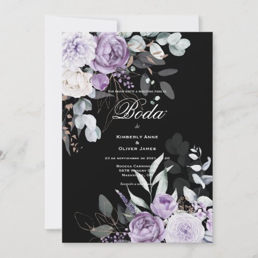 Paarse en zwarte bloemenbruiloftsuitnodiging Spaan Kaart (Voorkant)
