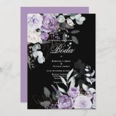 Paarse en zwarte bloemenbruiloftsuitnodiging Spaan Kaart (Voorkant / Achterkant)