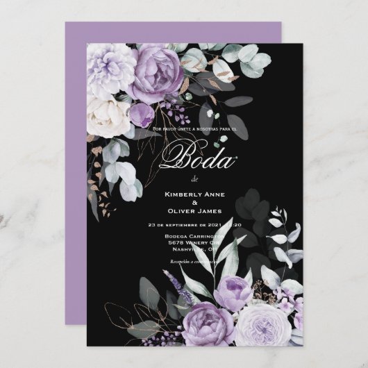 Paarse en zwarte bloemenbruiloftsuitnodiging Spaan Kaart (Voorkant / Achterkant)