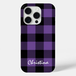 Paarse en zwarte Buffalo Plaid Gepersonaliseerd iPhone 15 Pro Case