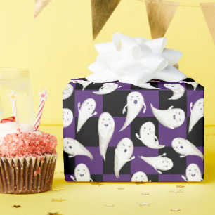 Paarse en zwarte checkboard-hosts Halloween Cadeaupapier