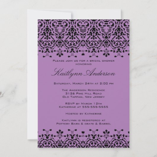Paarse en zwarte Damask Bridal Shower Invitation Kaart (Voorkant)