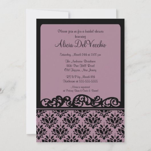 Paarse en zwarte Damask Bridal Shower Invitation Kaart (Voorkant)
