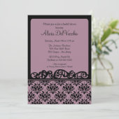 Paarse en zwarte Damask Bridal Shower Invitation Kaart (Staand voorkant)