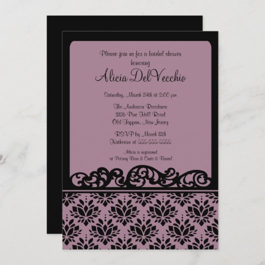 Paarse en zwarte Damask Bridal Shower Invitation Kaart (Voorkant / Achterkant)