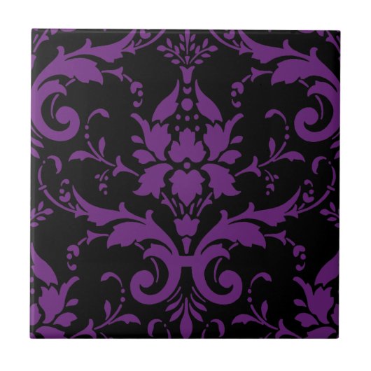 Paarse en zwarte Damask Matching Kitchen Tegeltje (Voorkant)
