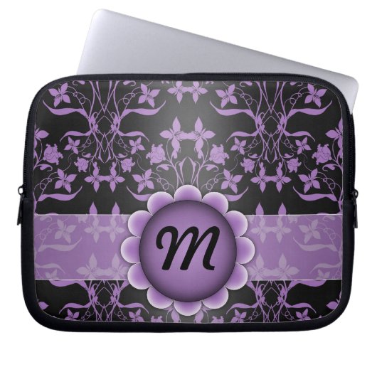Paarse en zwarte Damask-monogram Laptop Sleeve (Voorkant)